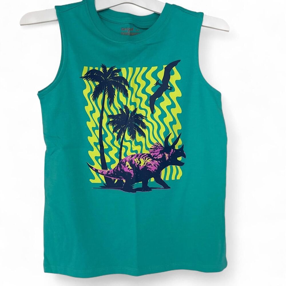 Green Dinosaur Graphic Tank Top with Palm Trees Kids Size Medium (8)
